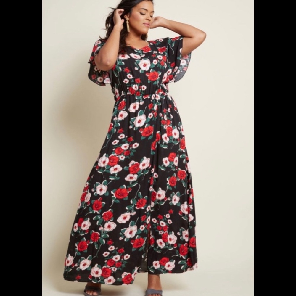 ModCloth Black Maxi with White & Red Roses